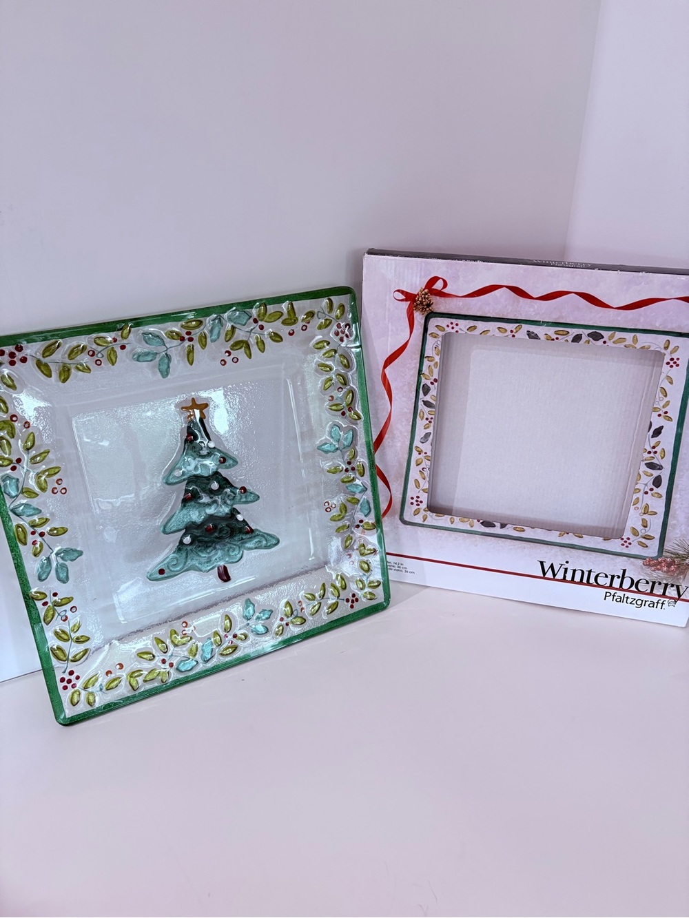PFALTZGRAFF WINTERBERRY Glass Platter Plate 14.2” Sq Christmas Tree Holiday EUC